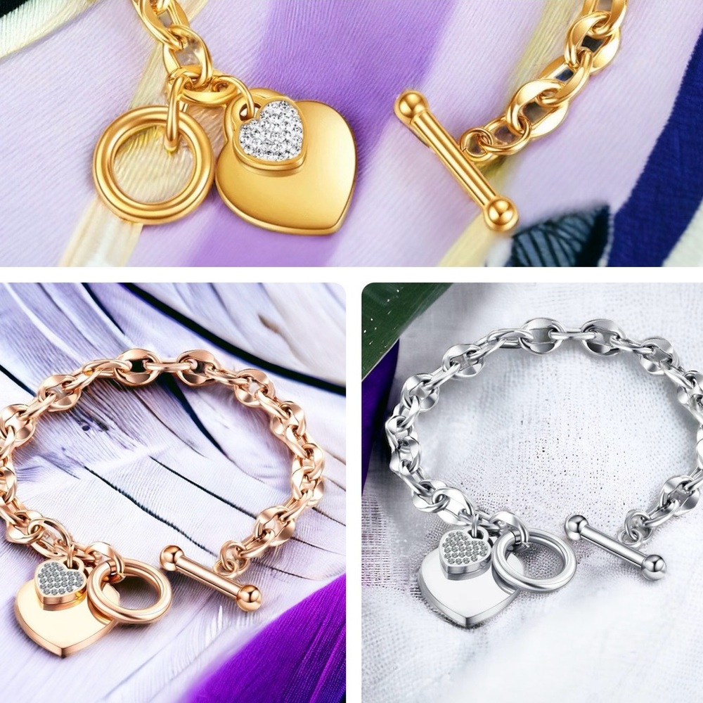 7A Stainless Steel 18k Gold Plated Heart Pendant Chain Bracelet Rose Gold Silver